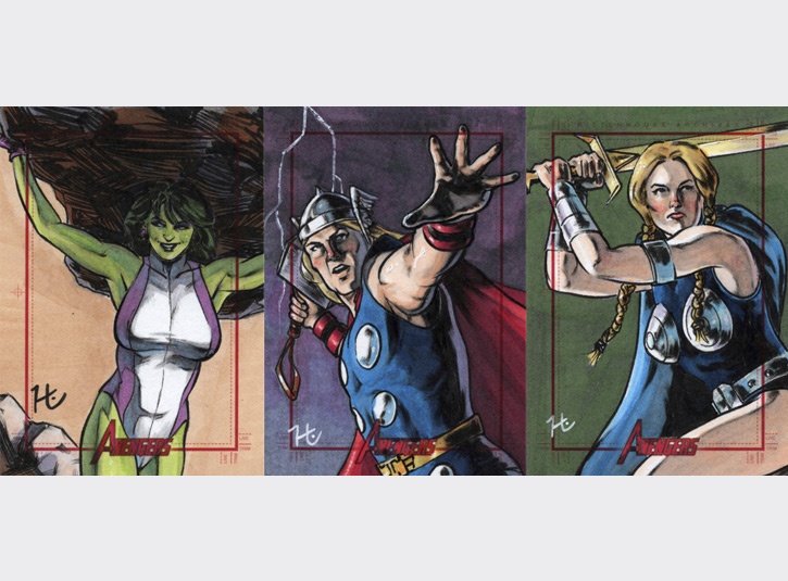 2.5 x 3.5 sketchcards from the Marvel's Greatest Heroes card set by Rittenhouse Archives, 2012. Pen and ink and Copic Markers.