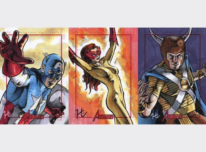 2.5 x 3.5 sketchcards from the Marvel's Greatest Heroes card set by Rittenhouse Archives, 2012 Pen and ink and Copic Markers.